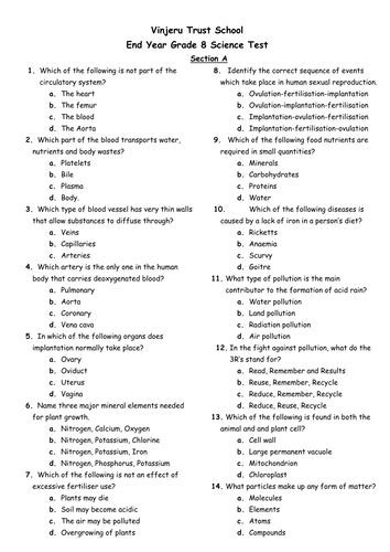 science grade 8 exam questions